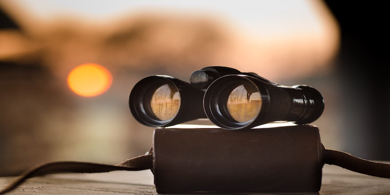 black binoculars on a case